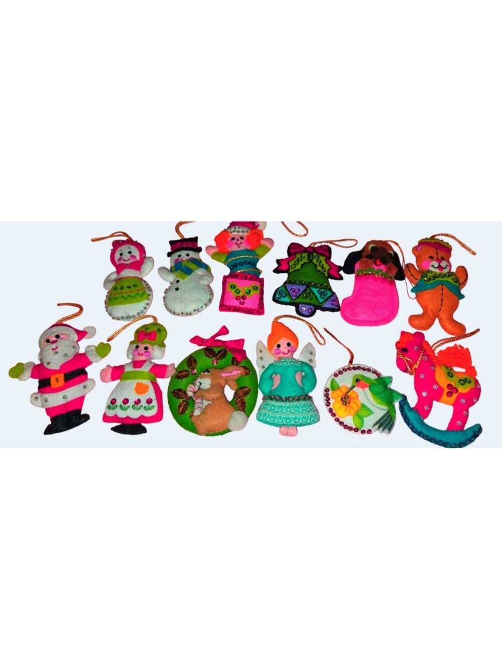 Vintage Handmade Felt Christmas Ornaments Set Of 12 Sequins Beads Decorated Holi
